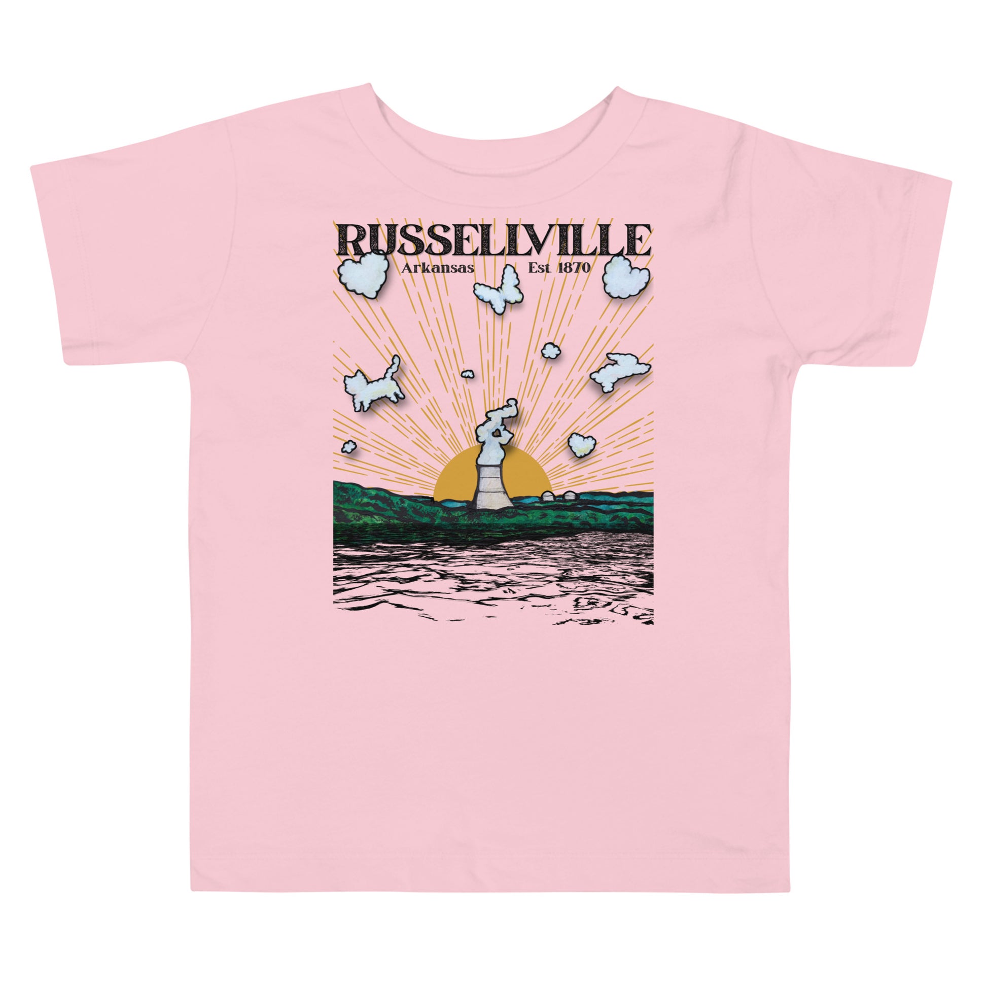 Russellville Arkansas toddler tee with nuclear plant cooling tower sun rays butterfly cat and bunny animal clouds on pink soft bella canvas toddler shirt