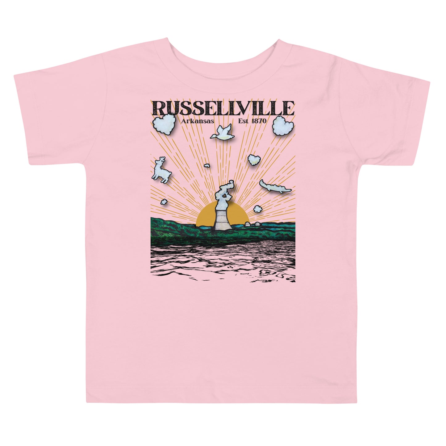 Russellville Arkansas youth classic tee with nuclear plant cooling tower sun rays deer bird and alligator animal clouds on light blue kids shirt