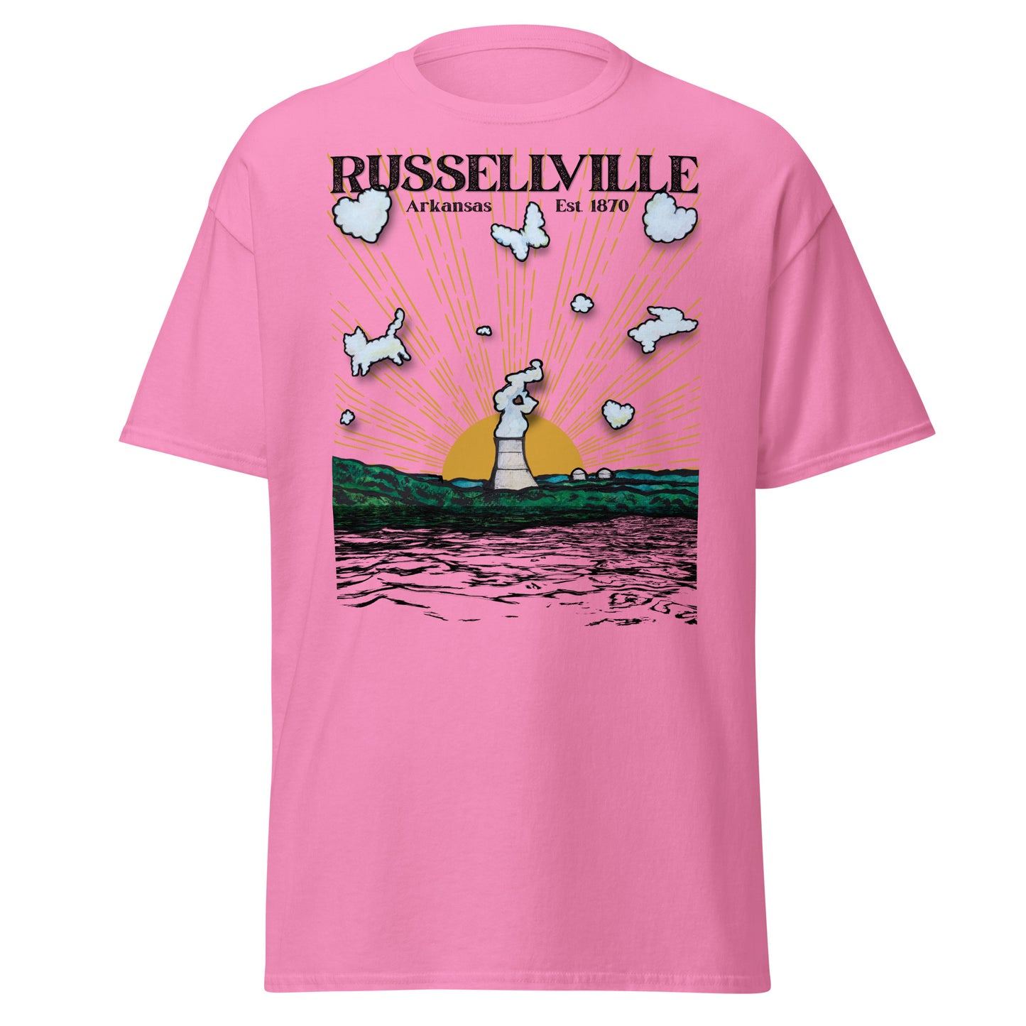 Russellville Arkansas unisex tee with nuclear plant cooling tower sun rays and animal shaped clouds including butterfly cat and bunny on azalea pink shirt