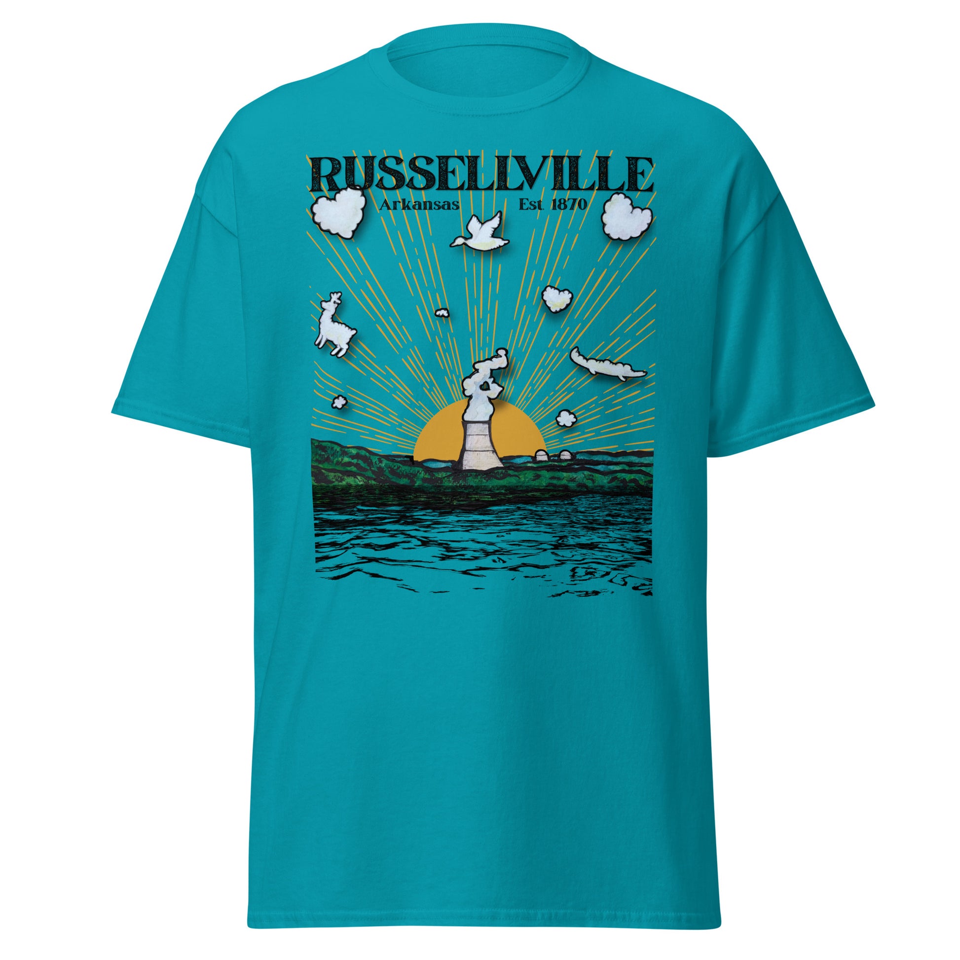 Russellville Arkansas unisex tee with nuclear plant cooling tower sun rays and animal shaped clouds including deer bird and alligator on tropical blue shirt