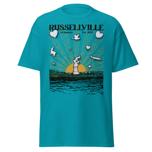 Russellville Arkansas unisex tee with nuclear plant cooling tower sun rays and animal shaped clouds including deer bird and alligator on tropical blue shirt