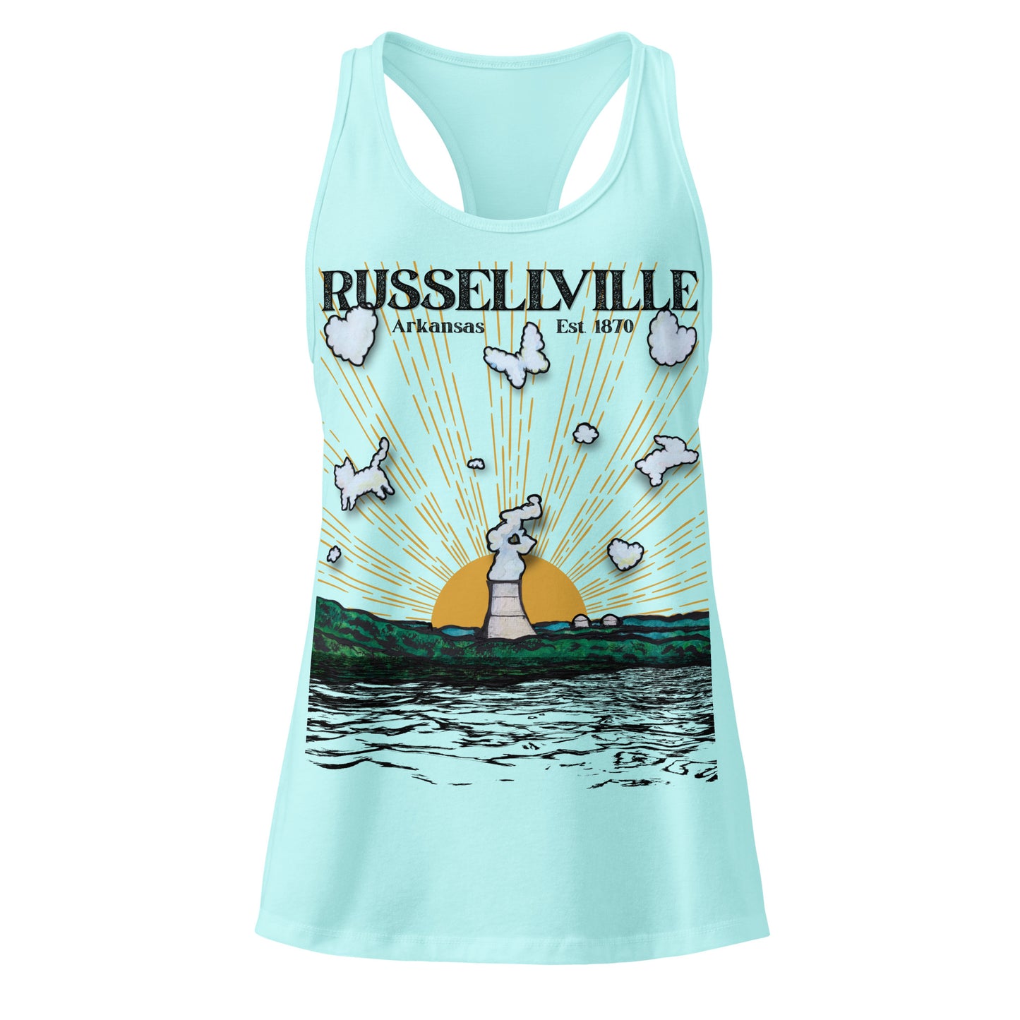 Russellville Arkansas womens racerback tank top with nuclear plant cooling tower sun rays and butterfly cat and bunny animal clouds on Cancun light blue tank