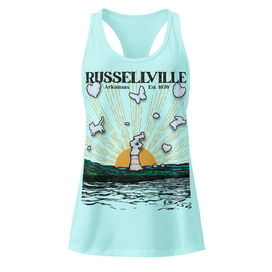 Russellville Arkansas womens racerback tank top with nuclear plant cooling tower sun rays and butterfly cat and bunny animal clouds on Cancun light blue tank