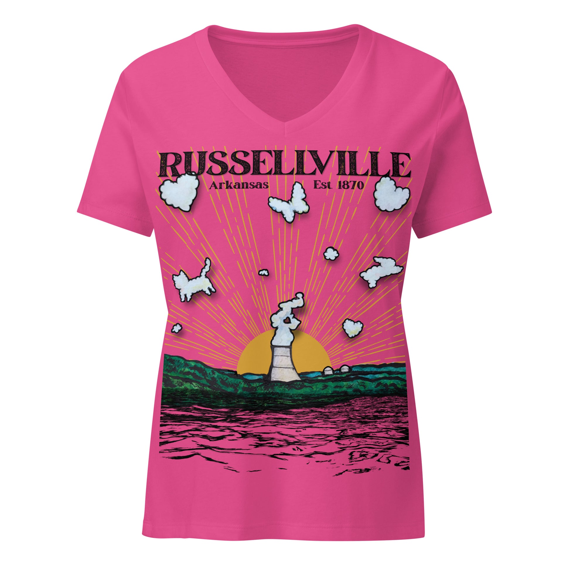 Russellville Arkansas womens relaxed v-neck tee with nuclear plant cooling tower sun rays butterfly cat and bunny animal clouds on heather mauve shirt