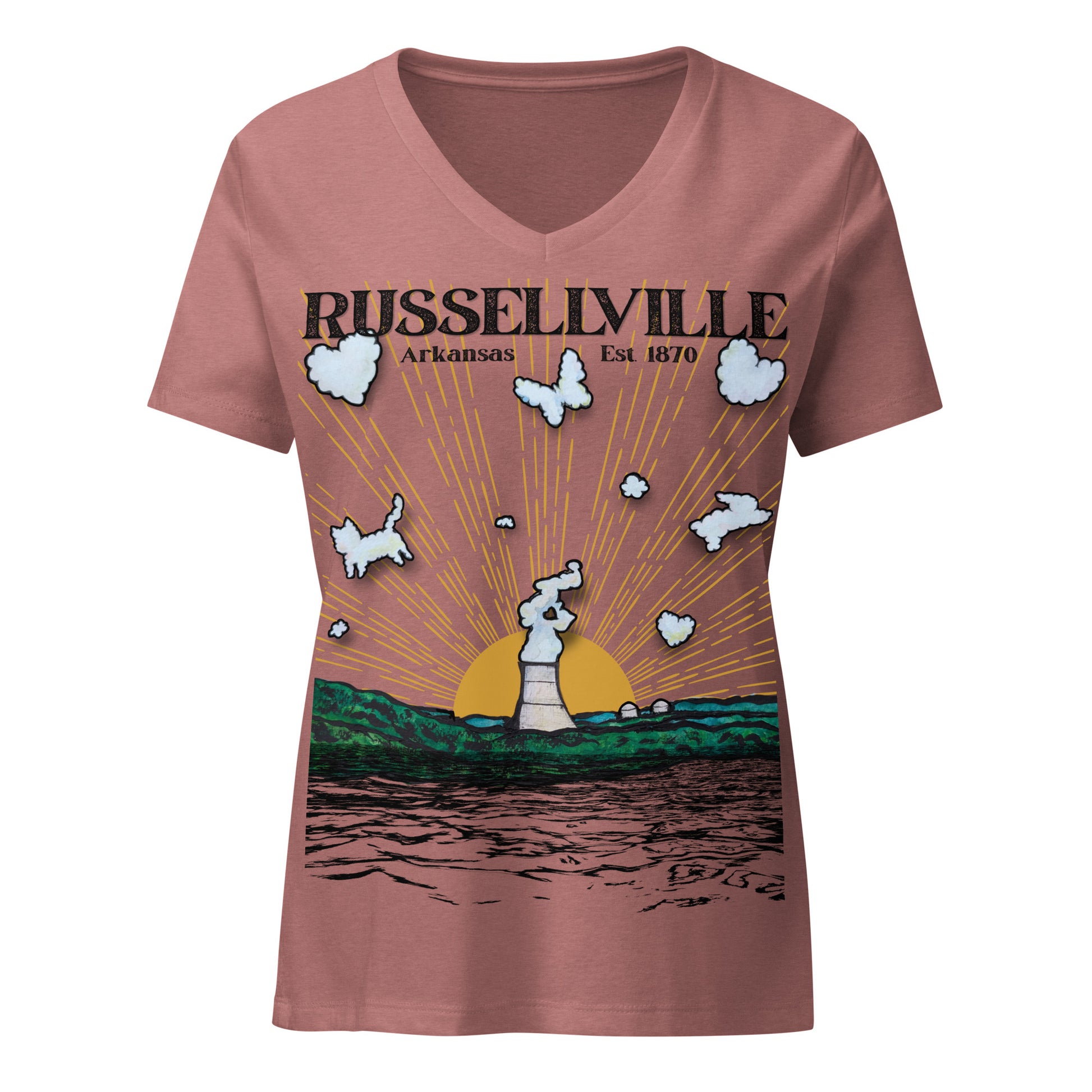 Russellville Arkansas womens relaxed v-neck tee with nuclear plant cooling tower sun rays butterfly cat and bunny animal clouds on heather mauve shirt