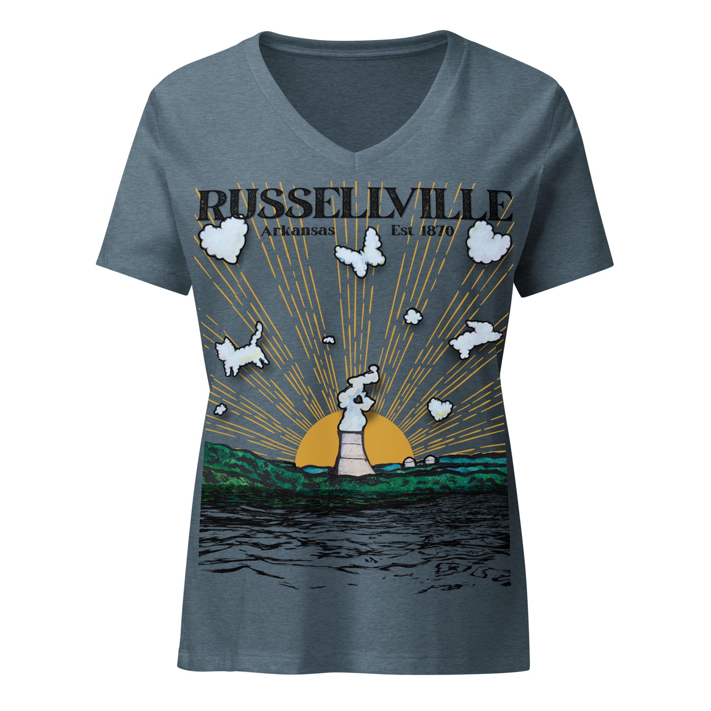 Russellville Arkansas womens relaxed v-neck tee with nuclear plant cooling tower sun rays butterfly cat and bunny animal clouds on heather mauve shirt