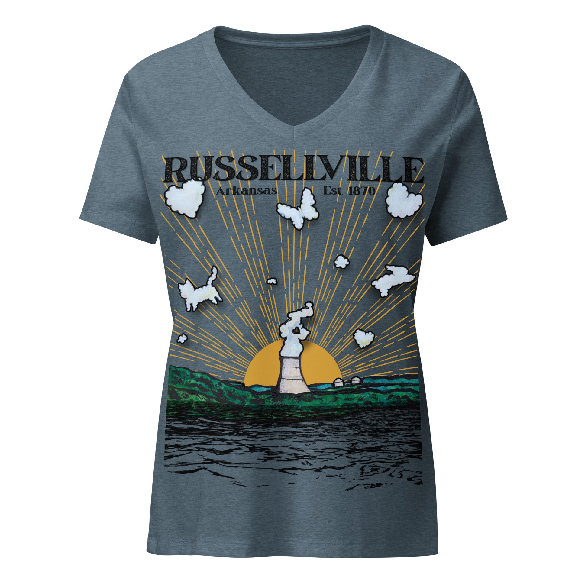 Russellville Arkansas womens relaxed v-neck tee with nuclear plant cooling tower sun rays butterfly cat and bunny animal clouds on heather mauve shirt