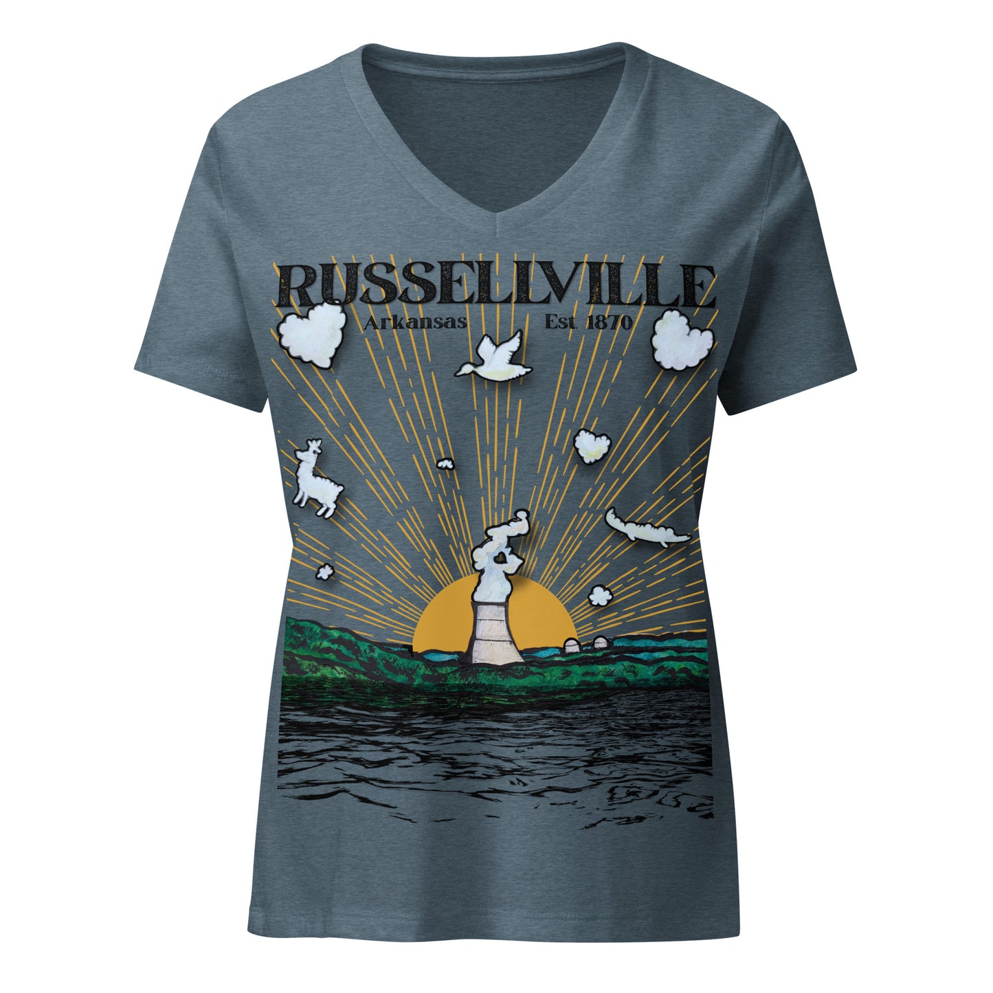 Russellville Arkansas womens relaxed v-neck tee with nuclear plant cooling tower sun rays deer bird and alligator animal clouds on heather slate shirt