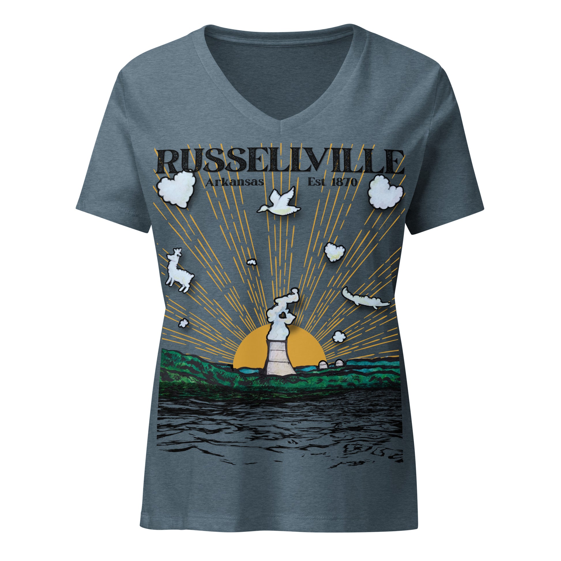 Russellville Arkansas womens relaxed v-neck tee with nuclear plant cooling tower sun rays deer bird and alligator animal clouds on heather slate shirt