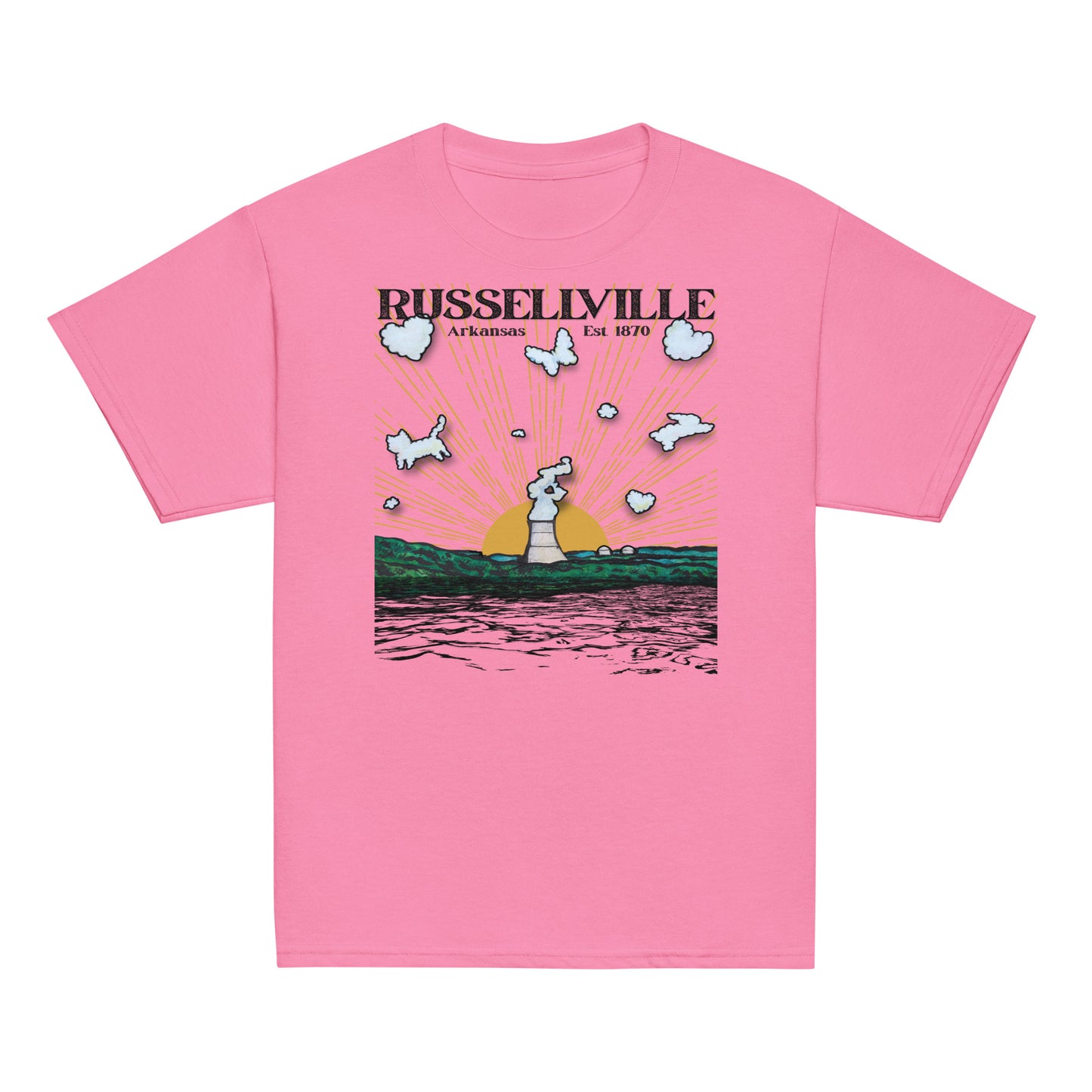 Russellville Arkansas toddler tee with nuclear plant cooling tower sun rays butterfly cat and bunny animal clouds on pink soft bella canvas toddler shirt