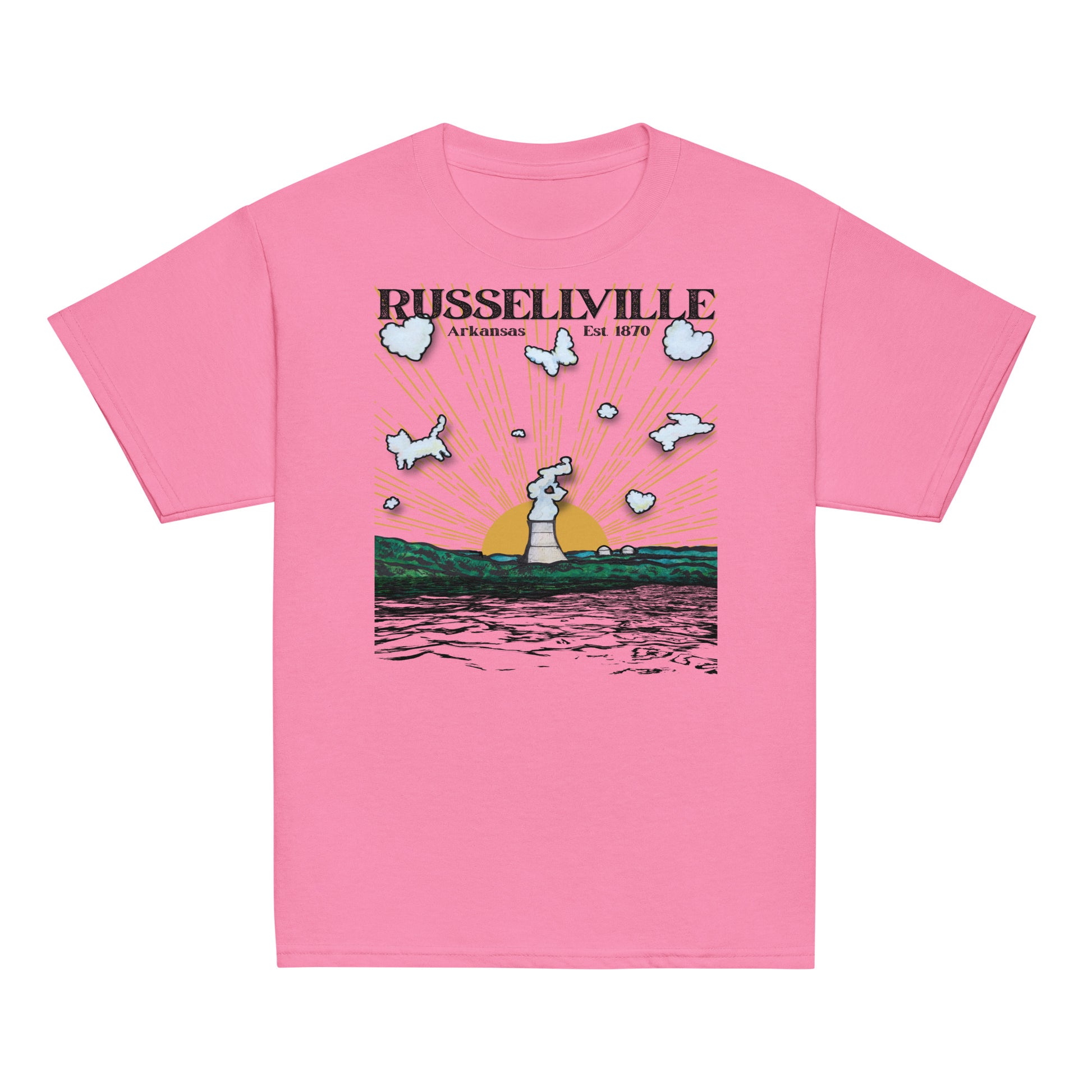 Russellville Arkansas toddler tee with nuclear plant cooling tower sun rays butterfly cat and bunny animal clouds on pink soft bella canvas toddler shirt