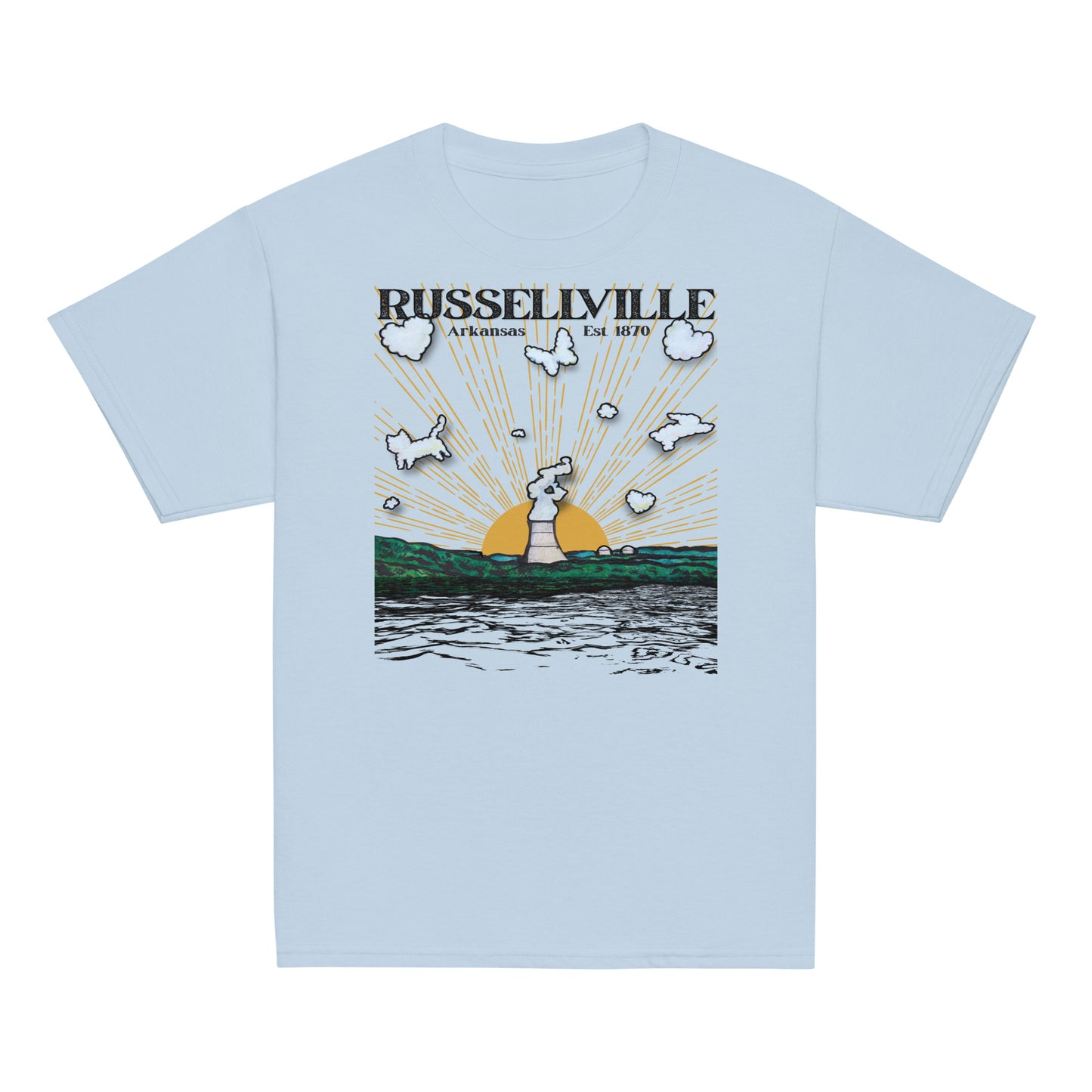 Russellville Arkansas toddler tee with nuclear plant cooling tower sun rays butterfly cat and bunny animal clouds on pink soft bella canvas toddler shirt