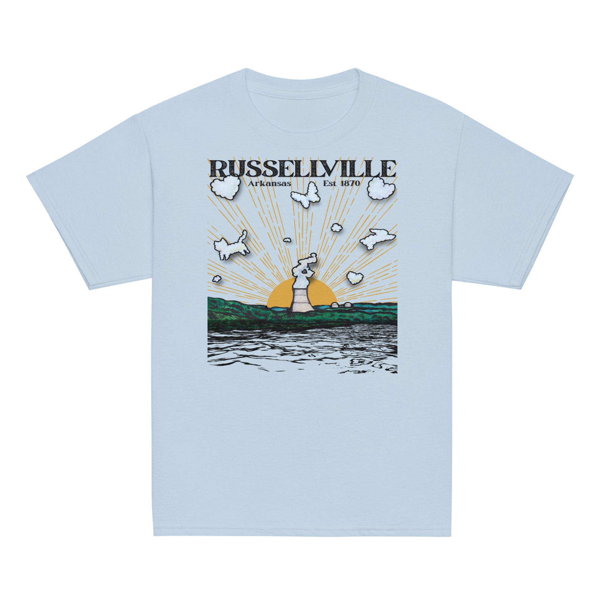 Russellville Arkansas toddler tee with nuclear plant cooling tower sun rays butterfly cat and bunny animal clouds on pink soft bella canvas toddler shirt